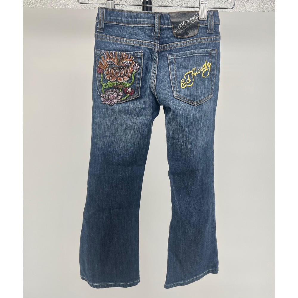 Y2K Ed Hardy Kids Girls Jeans Bootcut Embellished Floral Logo Pocket Size 6